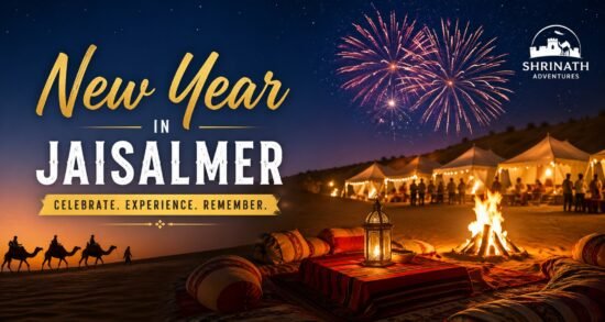 Banner promoting New Year in Jaisalmer with desert camp tents, a crackling fire, camels, and fireworks; ShrINATH Adventures logo in the corner; text reads 'New Year in Jaisalmer' and 'Celebrate. Experience. Remember.'