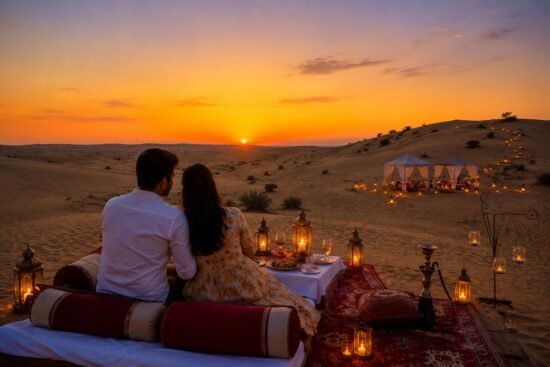 Couple seated on a desert rug at sunset, enjoying a candlelit dinner with lanterns and tents in the background