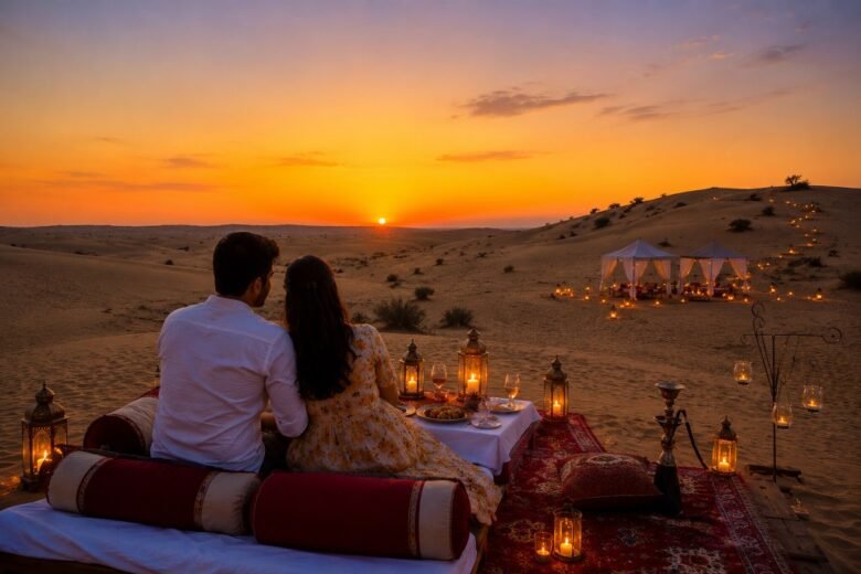 Couple seated on a desert rug at sunset, enjoying a candlelit dinner with lanterns and tents in the background