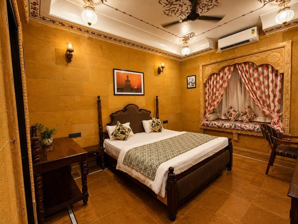 - Shrinath Adventures - Desert Camp Jaisalmer Luxurious Hotel Bedroom with a Dark Wooden Bed, Patterned Runner, and Matching Pillows in Warm Amber Tones