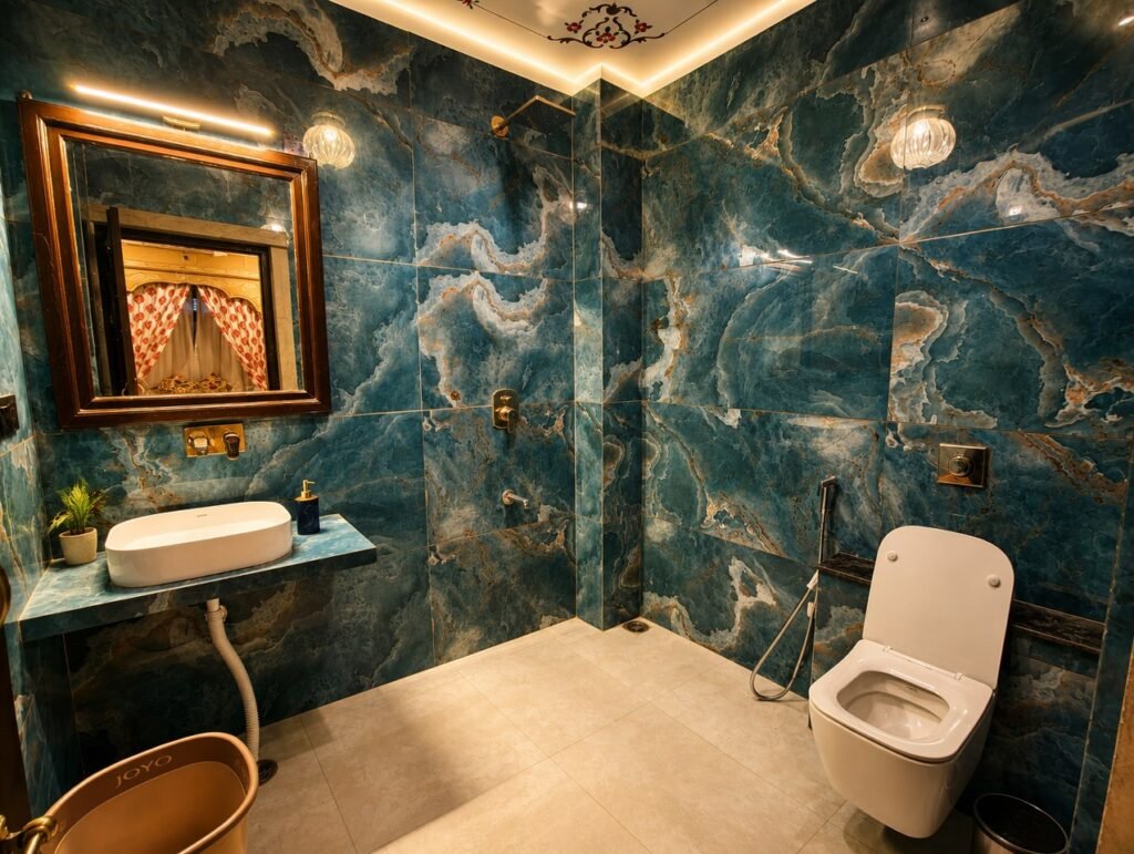 - Shrinath Adventures - Desert Camp Jaisalmer Luxurious Bathroom with Blue Marble Walls, a White Vessel Sink on a Matching Blue Countertop, and a Framed Mirror Above the Sink.