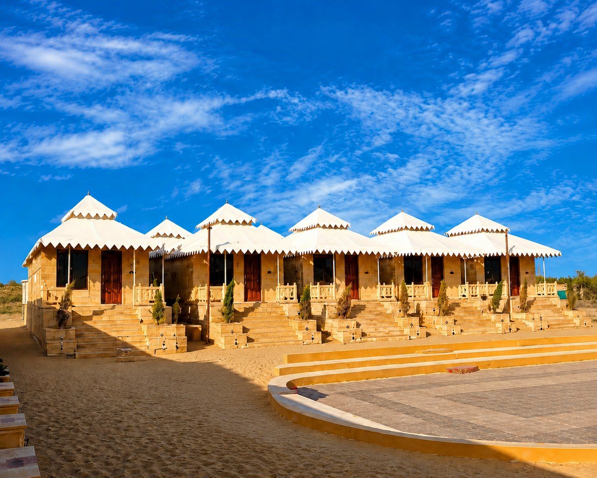 Desert Mafia Camp Jaisalmer cottages and open-air performance courtyard