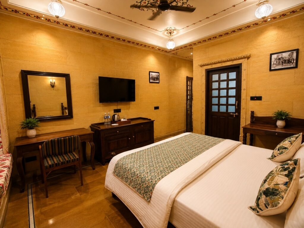 - Shrinath Adventures - Desert Camp Jaisalmer Hotel Room with a King-size Bed, White Linens, and a Teal Decorative Runner; Dark Wooden Dresser, Wall Tv, and a Desk with a Striped Chair.