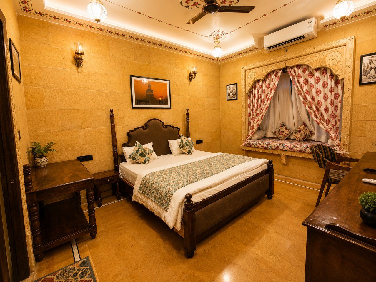 Traditional jharokha stone carving at a Jaisalmer hotel