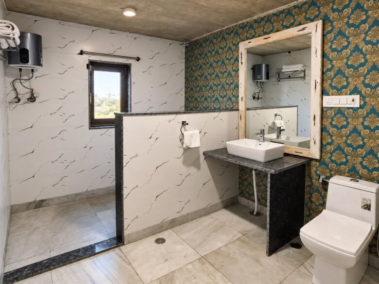 Marble hotel bathroom with teal accent wall_1400_1050 - Shrinath Adventures - Desert Camp Jaisalmer - Shrinath Adventures - Desert Camp Jaisalmer Modern Bathroom with Teal Damask Wallpaper, White Marble Walls, and a Square Sink on a Dark Granite Vanity with a Rustic Framed Mirror